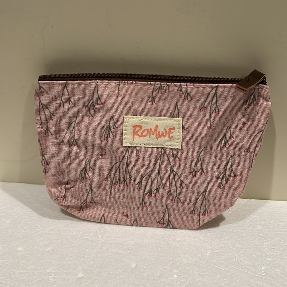 NWOT ROMWE cherry blossom print ZipUp lined Makeup Cosmetic bag pink grey canvas